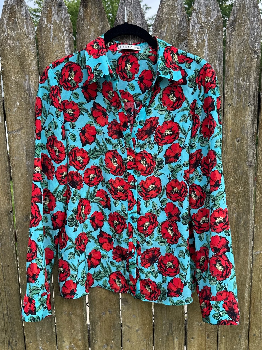 Alice + Olivia 100% Silk Red Poppy Floral Button Front Blouse Aqua Blue Medium - Picture 6 of 12
